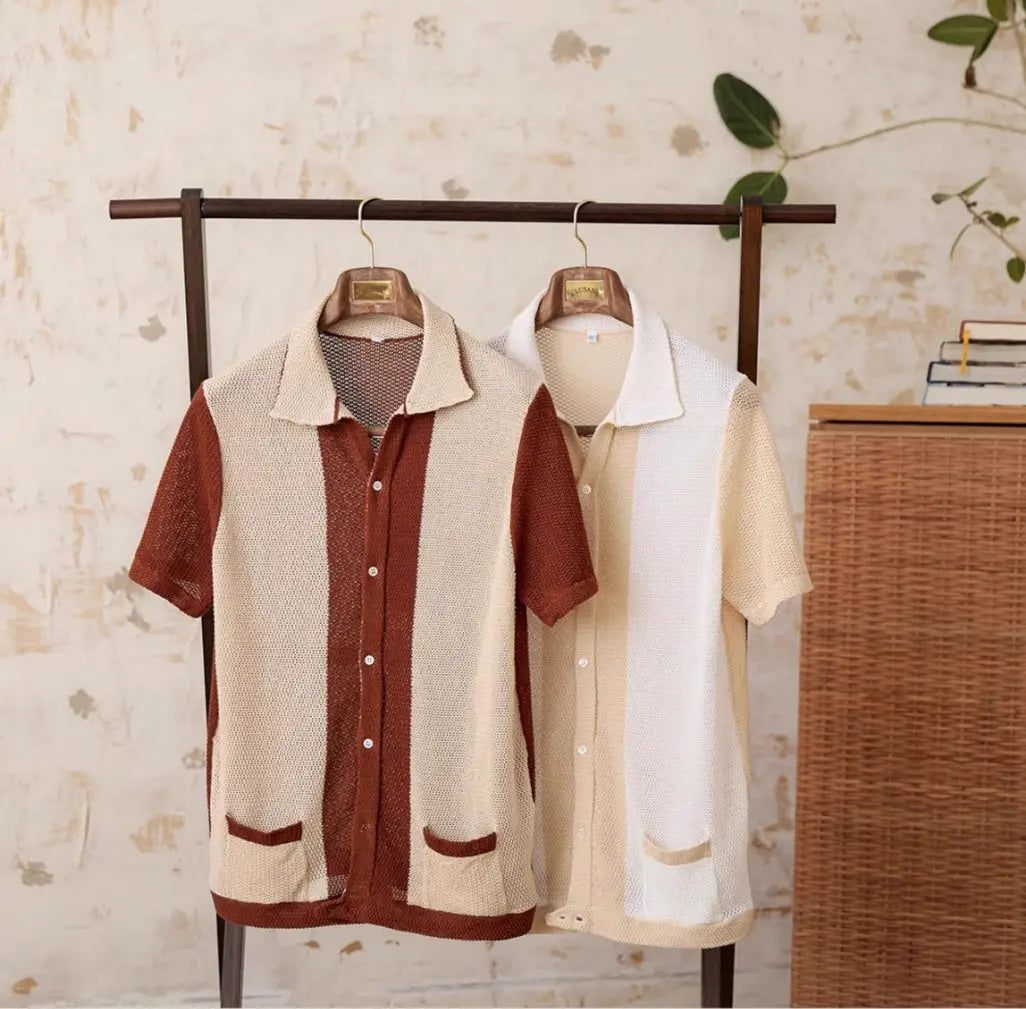 Hollow Cotton And Linen Lapel Short-sleeved Cardigan Knitted Top LHC