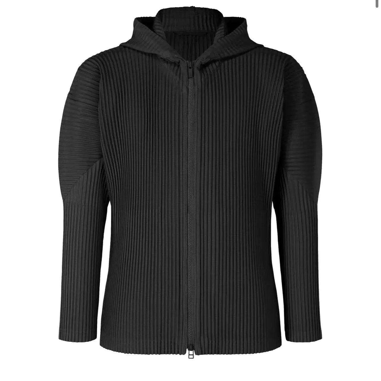 Miyake Pleated Men Zip-up Plisse Hoodie Classic Hood Casual Fashion Coat Front two-way Zip Fastening Jacket LHC