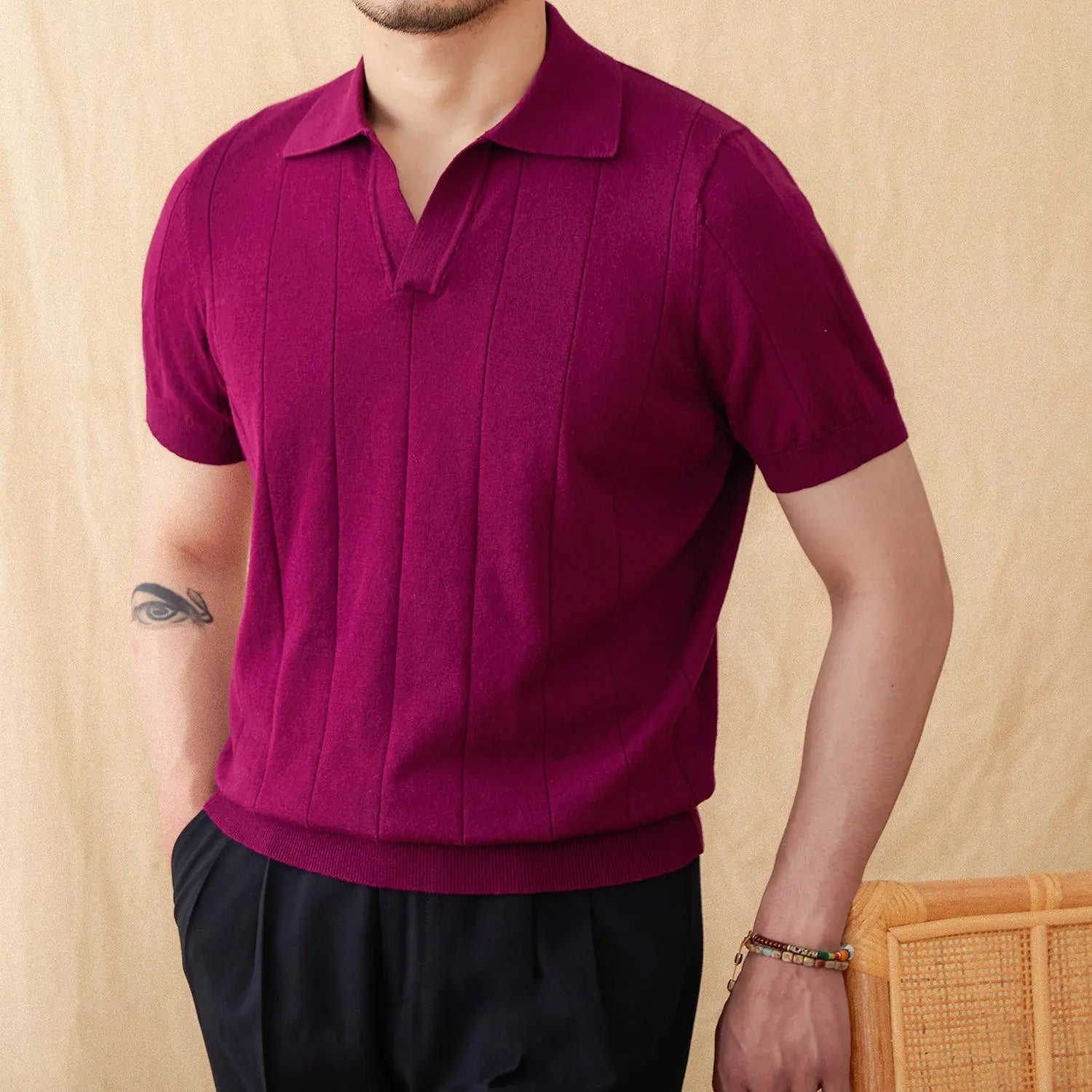 Cotton And Linen Sunken Stripe Knitted Short Sleeve POLO Seagull Collar Top LHC