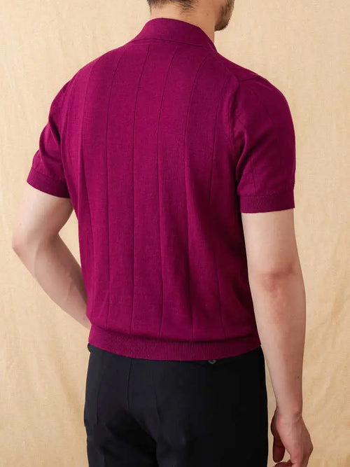 Cotton And Linen Sunken Stripe Knitted Short Sleeve POLO Seagull Collar Top LHC