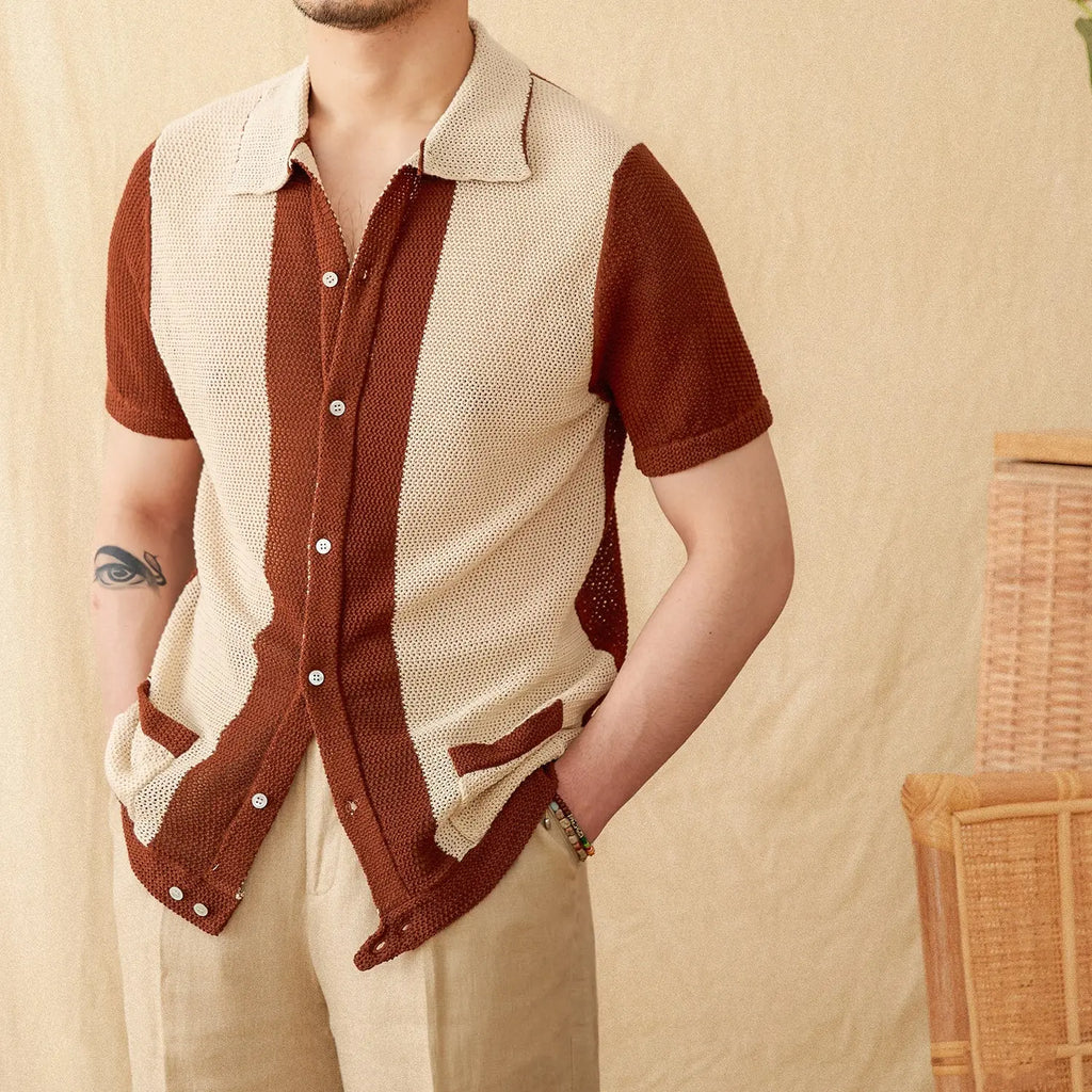 Hollow Cotton And Linen Lapel Short-sleeved Cardigan Knitted Top LHC
