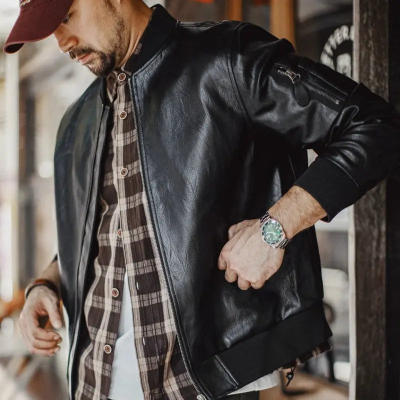 American-style Black MA1 Pilot Leather Jacket Ruan Handsome Short LHC