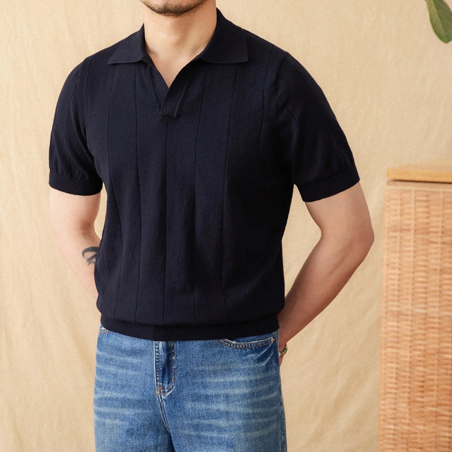 Cotton And Linen Sunken Stripe Knitted Short Sleeve POLO Seagull Collar Top LHC
