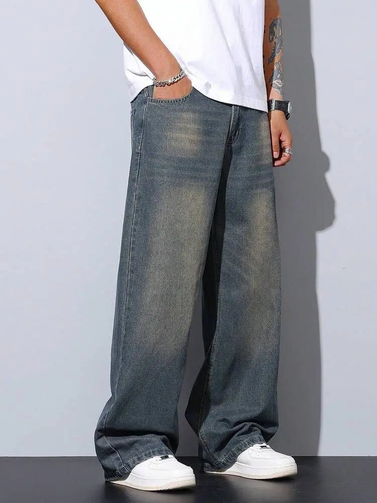Jeans décontractés pour hommes à jambes larges avec poches en biais et lavage effet usé LHC