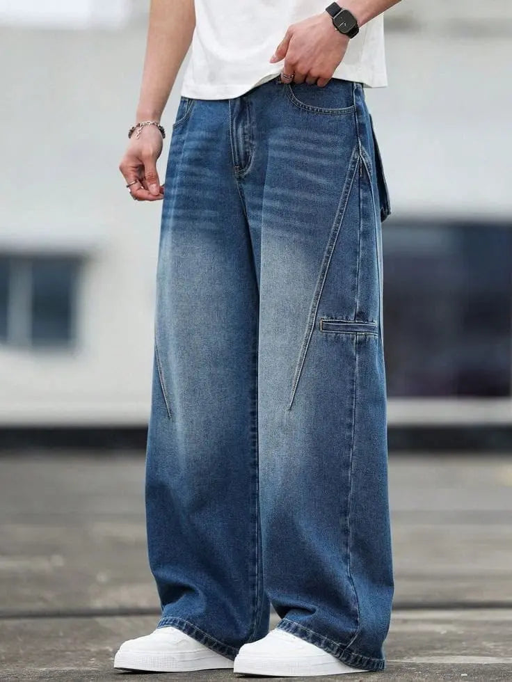 Jeans décontractés pour hommes à jambes larges avec poches en biais et lavage effet usé LHC