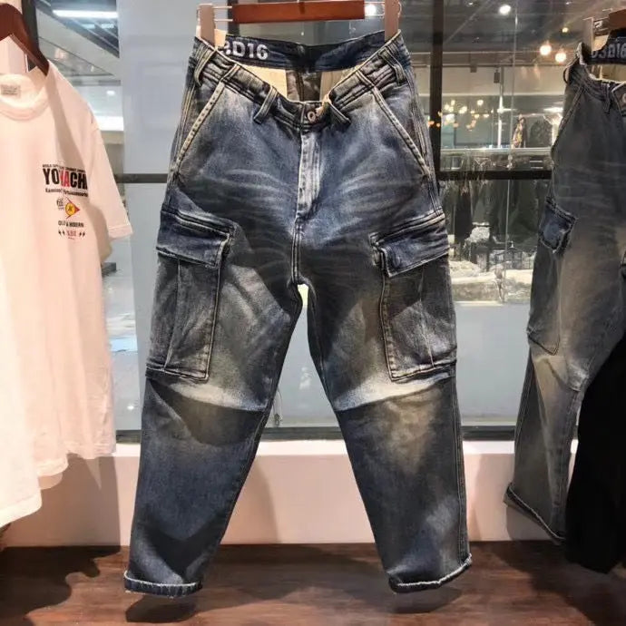 Multi-Pocket Workwear Loose Fashion Versatile Casual Denim Trousers LHC