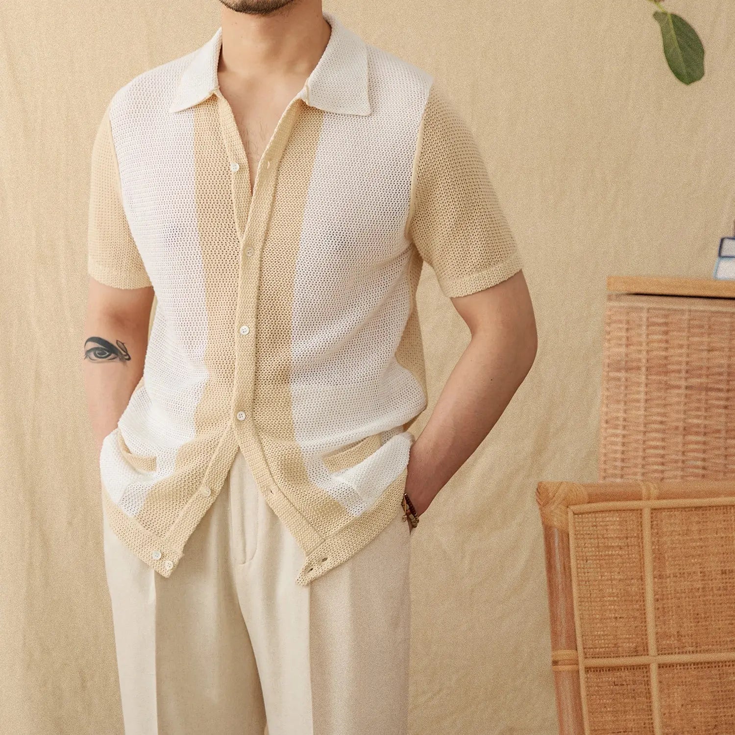 Hollow Cotton And Linen Lapel Short-sleeved Cardigan Knitted Top LHC