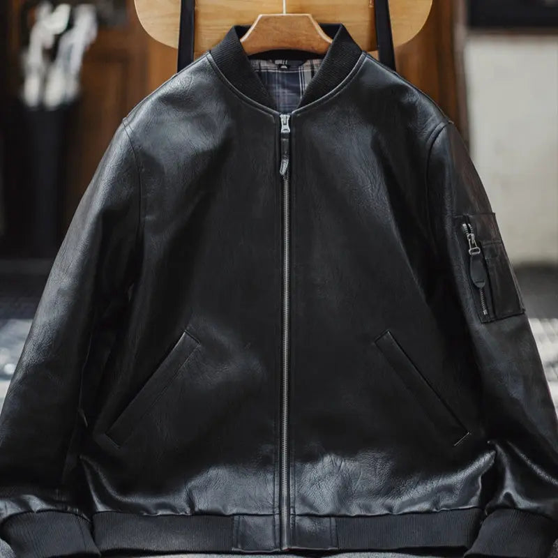 American-style Black MA1 Pilot Leather Jacket Ruan Handsome Short LHC