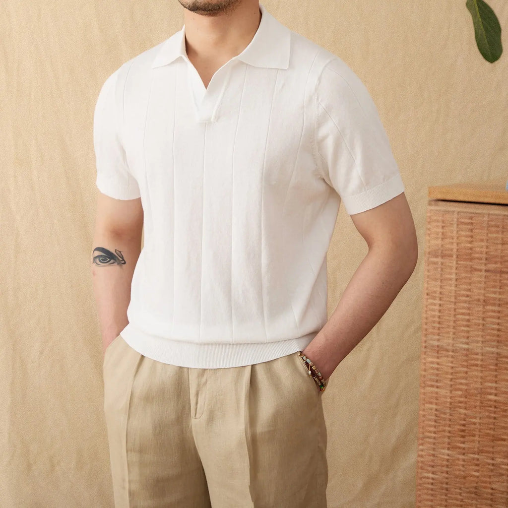 Cotton And Linen Sunken Stripe Knitted Short Sleeve POLO Seagull Collar Top LHC