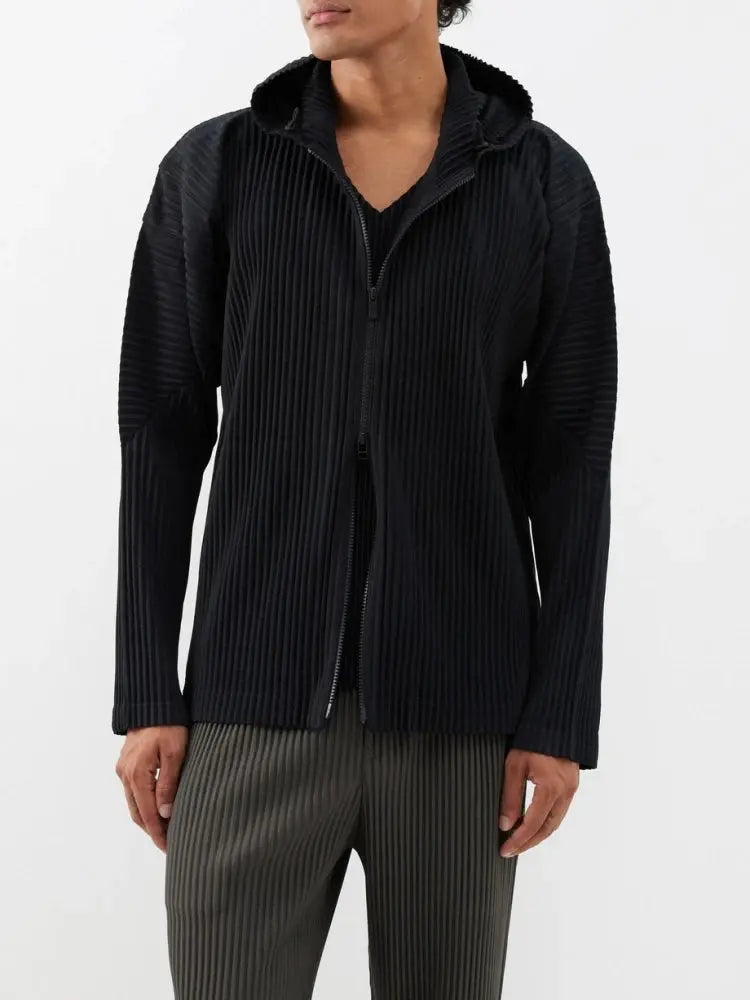 Miyake Pleated Men Zip-up Plisse Hoodie Classic Hood Casual Fashion Coat Front two-way Zip Fastening Jacket LHC